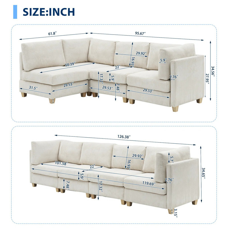 Canapé modulaire en coin surdimensionné 95 pièces 4 pièces 95,7 po, Velours côtelé beige