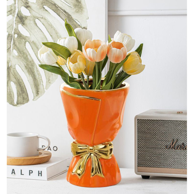 Vase d'arc, vases à fleurs pour décoration de table, Orange ; doré, 9.65"
