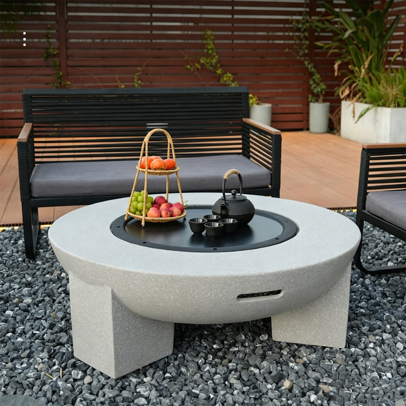 43.31" Light Beige Magnesium Ceramic Multifunctional Charcoal-First Patio Fire Pit Table With Grill, Compatible For Properly Sized Firewood