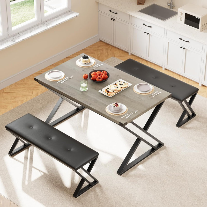 Beauviore Dining Table Set For 4, Z-Shaped Leg Kitchen Table Set With 2 Upholstered Benches, 3 Piece Dining Table Set For Kitchen