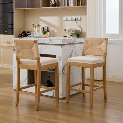 Ensemble de 2 tabourets de bar à hauteur de comptoir en rotin tissé à la main de 27 po de hauteur avec tabourets revêtus de lin avec ressorts en S et coussin éponge haute densité, structure en bois massif pour îlot de cuisine