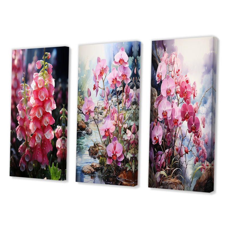 «Meadow Foxglove Fantasy», 3 pièces sur toile, Toile tendue, H 28 po x l 36 po