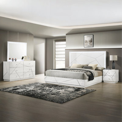 Manhattan  4-Piece Bedroom Set – Modern Design With Lacquer Finish, Geometric Accents, And LED Lighting