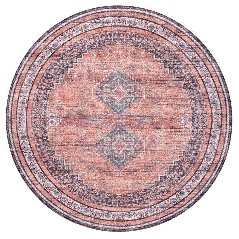 Lesandra Geometric Medallions Machine-Washable Terracotta/Navy Rug, Round 6'