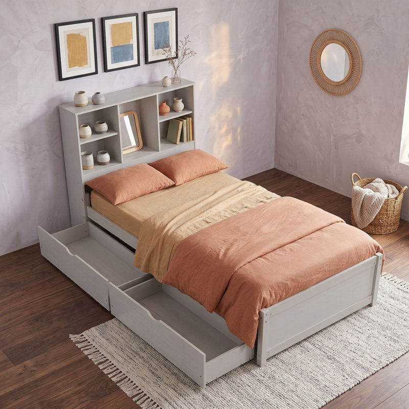 Lit plateforme simple en bois avec tête de lit, port de chargement et deux tiroirs, Gris