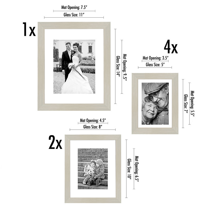 Picture Frame Set, 7 Pieces with One 11 x 14, Two 8 x 10, and Four 5 x 7 - Gallery Wall Frames, Lightwood