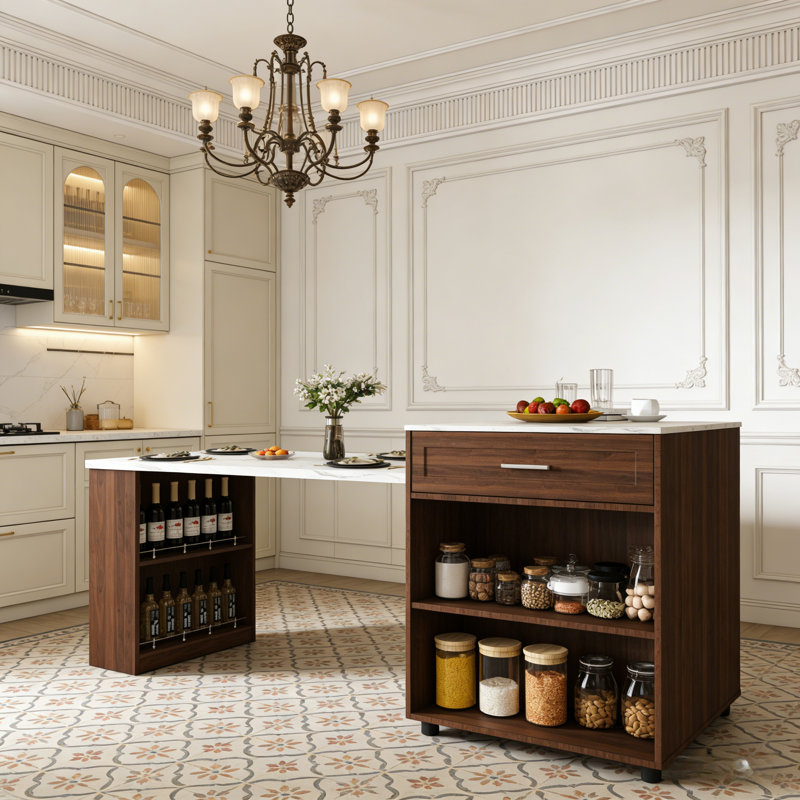 Îlot de cuisine sur roulettes Farmhouse, chariot de cuisine à abattant avec comptoir en placage à motif de marbre, grande armoire de rangement avec prise de courant