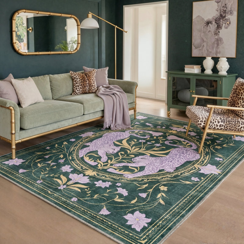 Violeta Animal Print Machine Washable Purple / Green Indoor Area Rug with Non-Slip Backing, Rectangle 8' x 10'