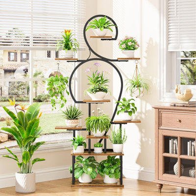 9 Tiered Indoor Plant Stand With Grow , Large Metal - Type Shelf For Multiple Plants In Primary Living Area, Walnut+Black Color Scheme, Open Back Hori