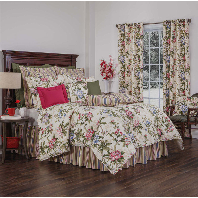 Ensemble d'édredon 100% coton Hillhouse Circa crème / rose / vert, Édredon très grand californien et 2 taies décor