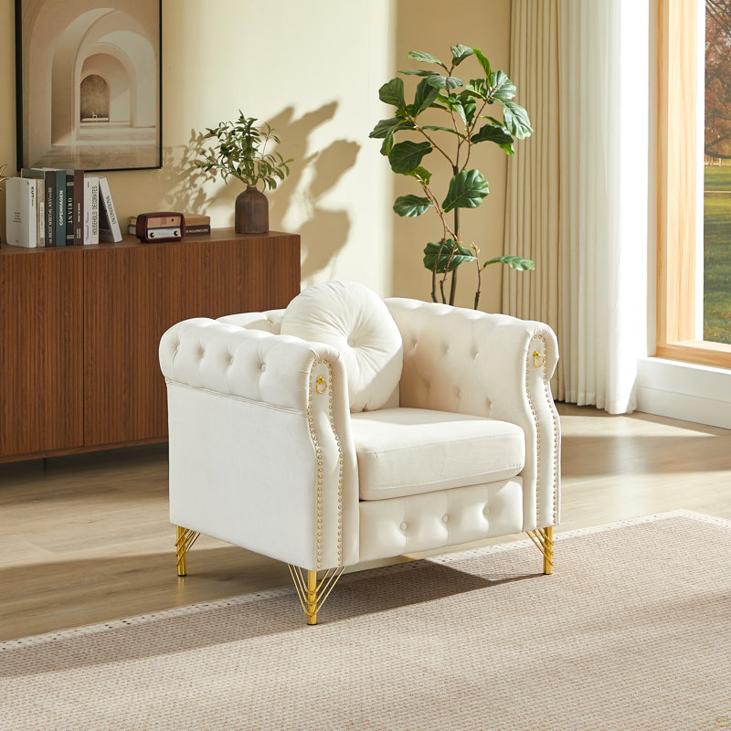 Canapé Chesterfield en velours avec coussins ronds, Beige