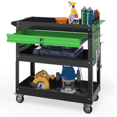 3 Tier Tool Cart with Locking Drawer - Metal Service Cart for Mechanic（BlackGreen）