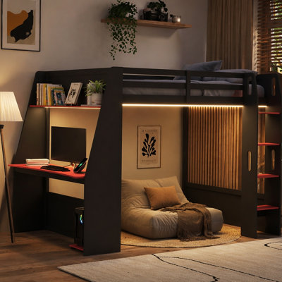 Full Size Wooden Gaming Bunk Bed with Desk,Two Storage Shelves,USB and LED Light