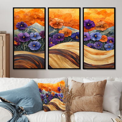 Pansies Farm Landscape On Wood River II - Pansies Canvas Wall Art - 3 Panels