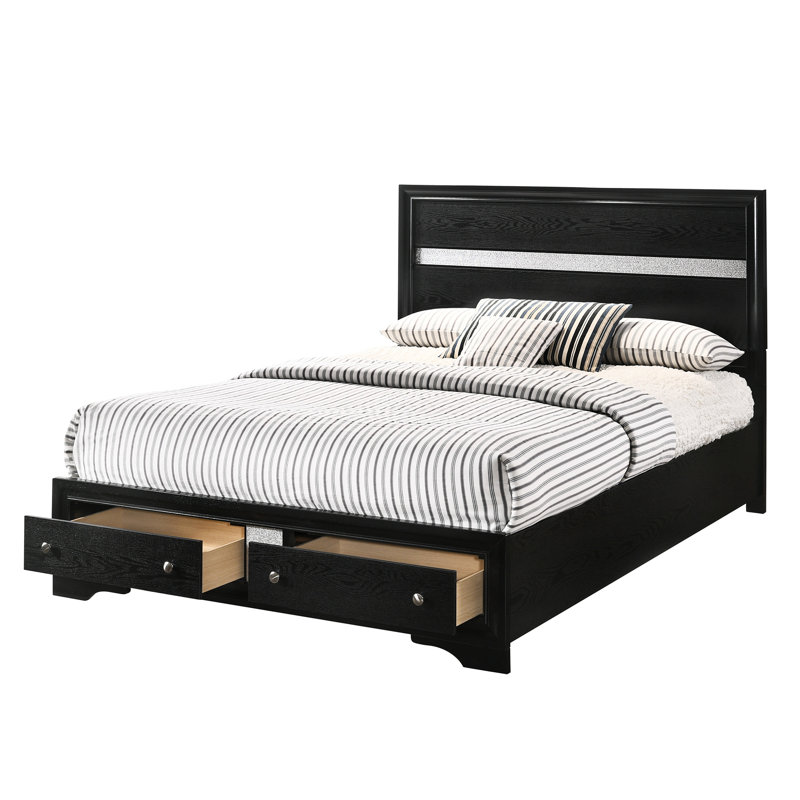 Grand lit plateforme contemporain avec tiroirs de rangement et décor argenté chatoyant, finition noire, deux tiroirs, conception, bois massif, fabrication de tiroir