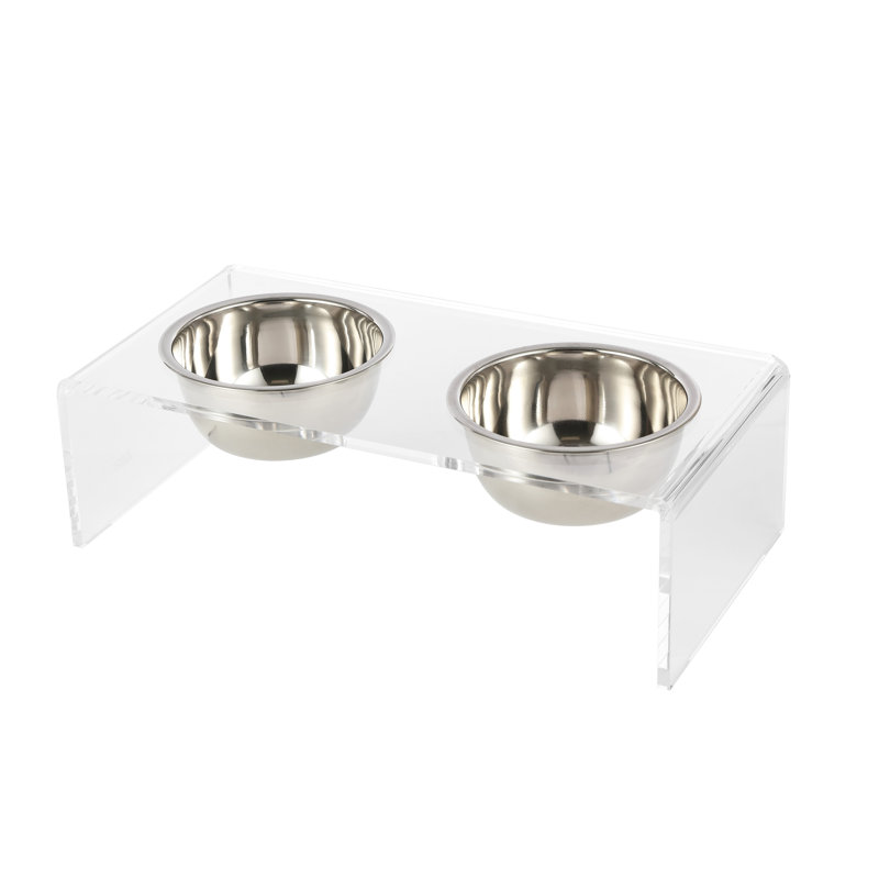 Keaton Modern Lucite Rectangular Elevated Pet Feeder with 2-Stainless Steel Bowls, Clear/Chrome