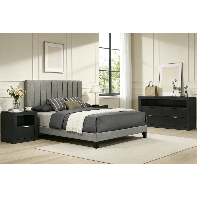 4-Pieces Bedroom Sets, Black, 4 Pcs: Bed, 2 Nightstands, Dresser, King