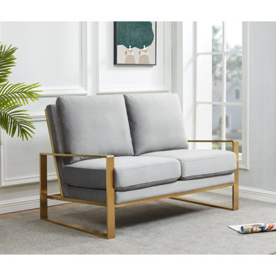 Gratiano 53" Modern Velvet Loveseat with Polished Gold Metal Base – Square Arm Tuxedo Couch – Luxury Mid-Century Seating for Living Room or Office
