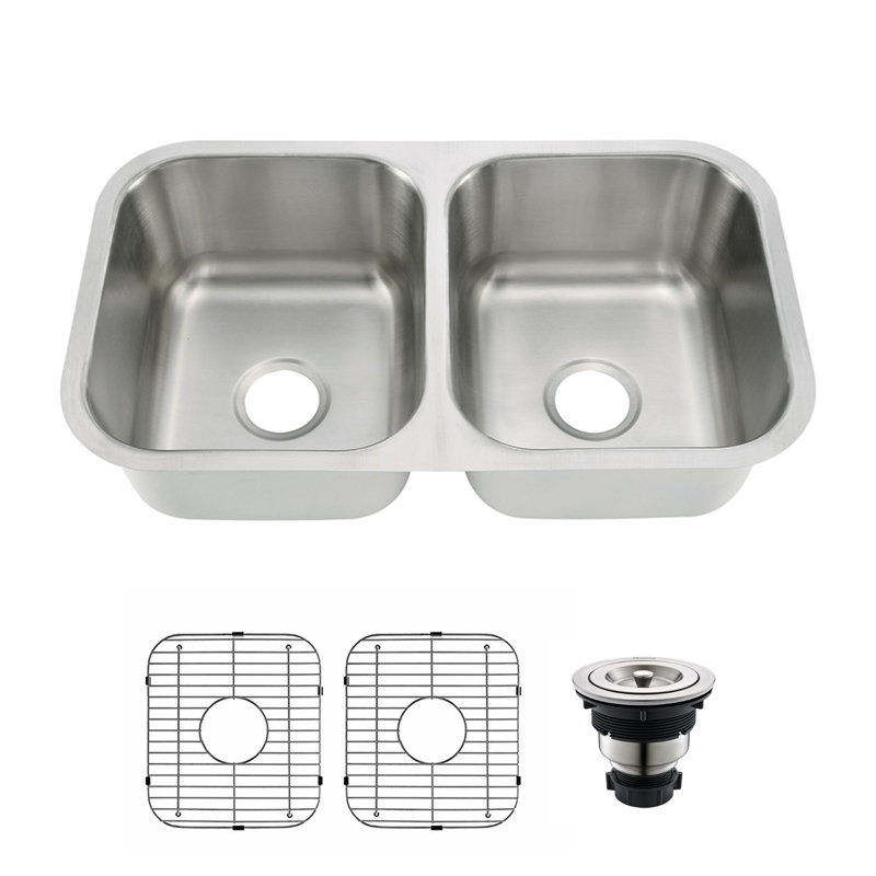 Évier de cuisine encastrable en acier inoxydable, H 9 po x l 32 po x P 18 po, Double bol