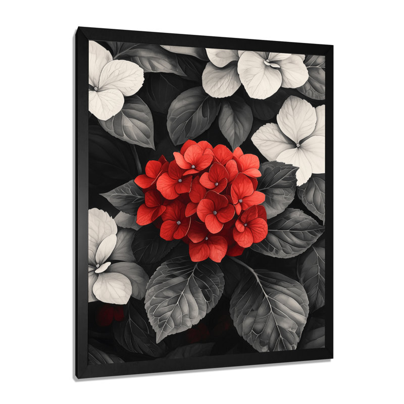 Hortensias monochromes avec décor de pétales rouges II - art mural floral, H 20 po x l 12 po, Picture Framed, Noir