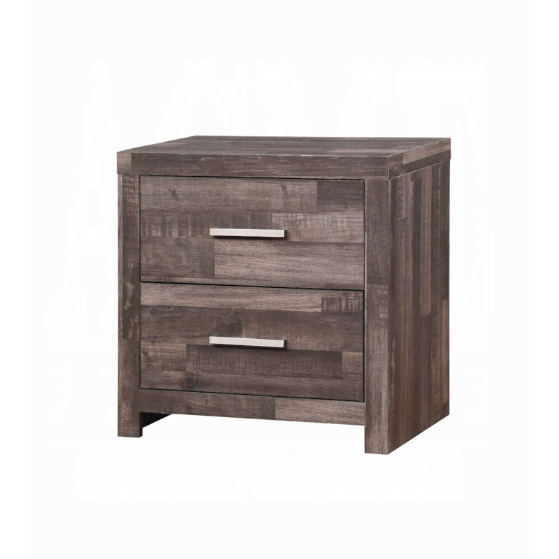 Table de chevet contemporaine en bois au fini chêne avec deux tiroirs de rangement, table d'appoint, motif de planches | Idée de cadeau