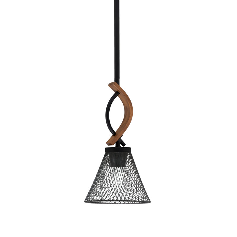 Mini-luminaire suspendu avec tige Hallmann avec abat-jour en métal conique de 7 po, Noir mat / bois peint