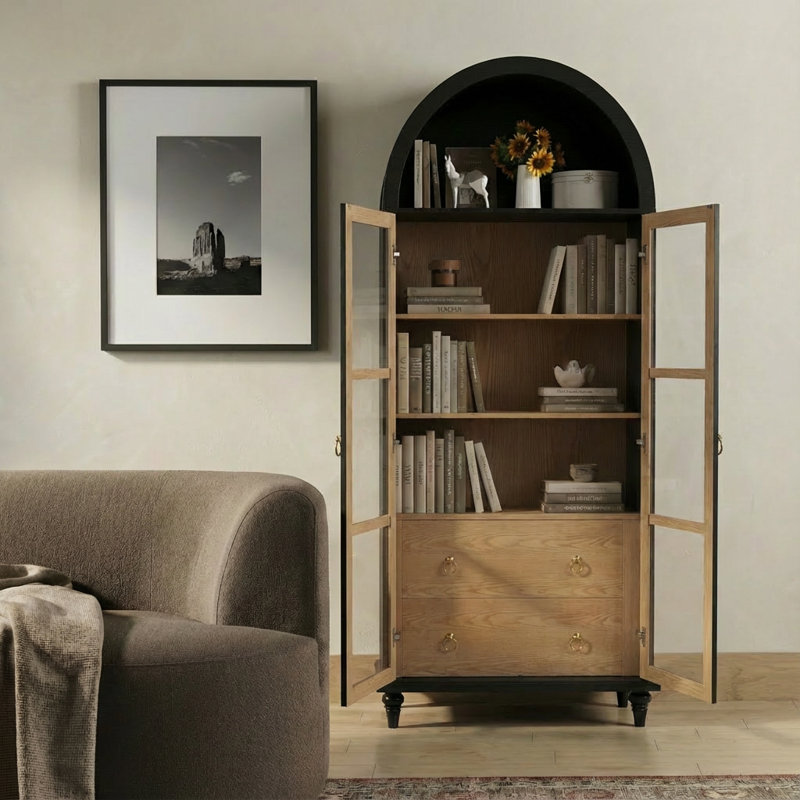 71" Arched Bookcase With Glass Doors And Solid Wood Legs - Versatile Display Cabinet & Kitchen Pantry Storage Cabinet