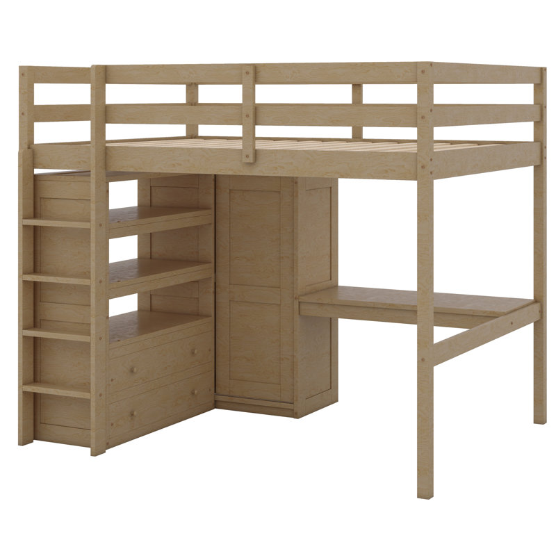 Lit mezzanine en bois avec garde-robe intégré, bureau, tablettes de rangement et tiroirs, Noyer