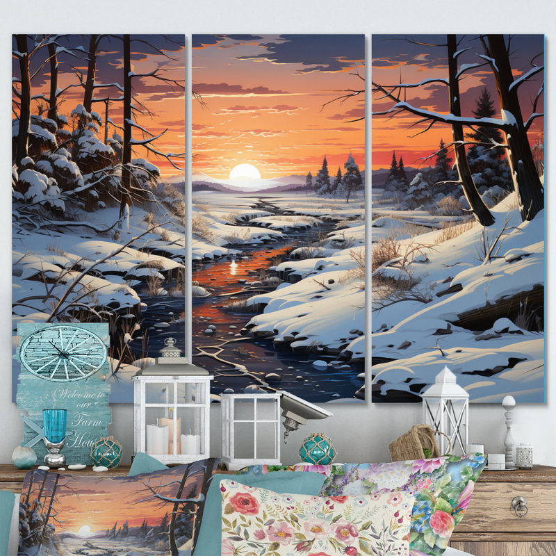 Paysage d'hiver rivière sur toile, 3 pièces, H 28 po x l 36 po x P 1 po, Métal métal