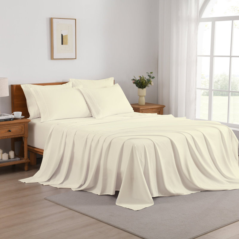 4/6 Pcs Soft Solid & Embroidery Bed Sheets Set, Cream, Twin