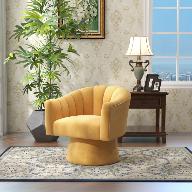 Fauteuil demi-tonneau pivotant de 25,2 po Iryanna, Velours jaune, 1