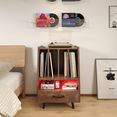 Support de tourne-disque Midcentury avec rangement en vinyle pour plus de 200 albums Grande table tournante avec tiroir DVD