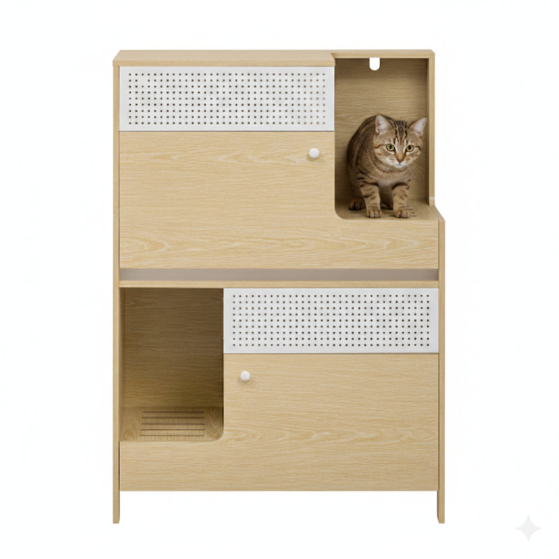 Meuble pour chat moderne combinant un bac à litière avec une table d'appoint et un rangement. Cette maisonnette pour chat est conçue pour accueillir deux petits ou moyens chats.