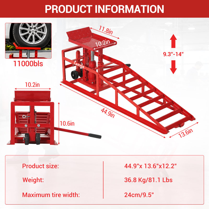 5-Ton Hydraulic Car Ramps with Wheels – 9-15" Lift Height, Low Profile Portable Service Ramps for Oil Change & Maintenance (2-Pack) – Red