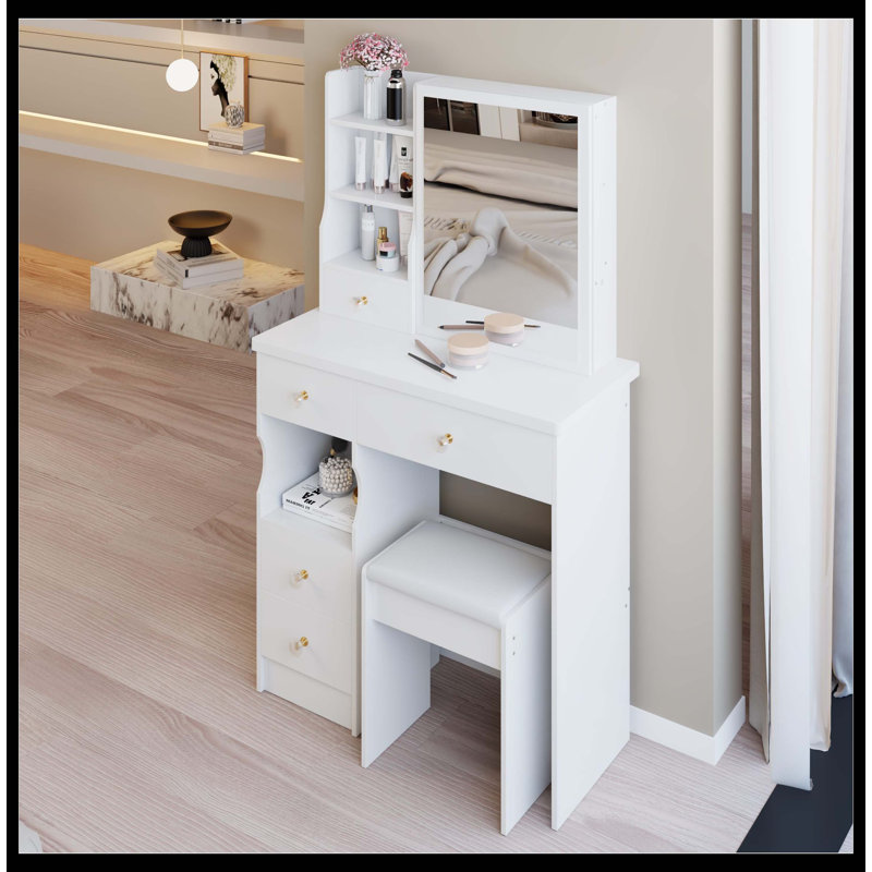 Petite coiffeuse 29,2 po avec tabouret de bureau à gauche et tabouret rembourré, très grand miroir coulissant à droite, rangement multicouche à grande capacité, commode pratique et pratique, convient aux petits espaces