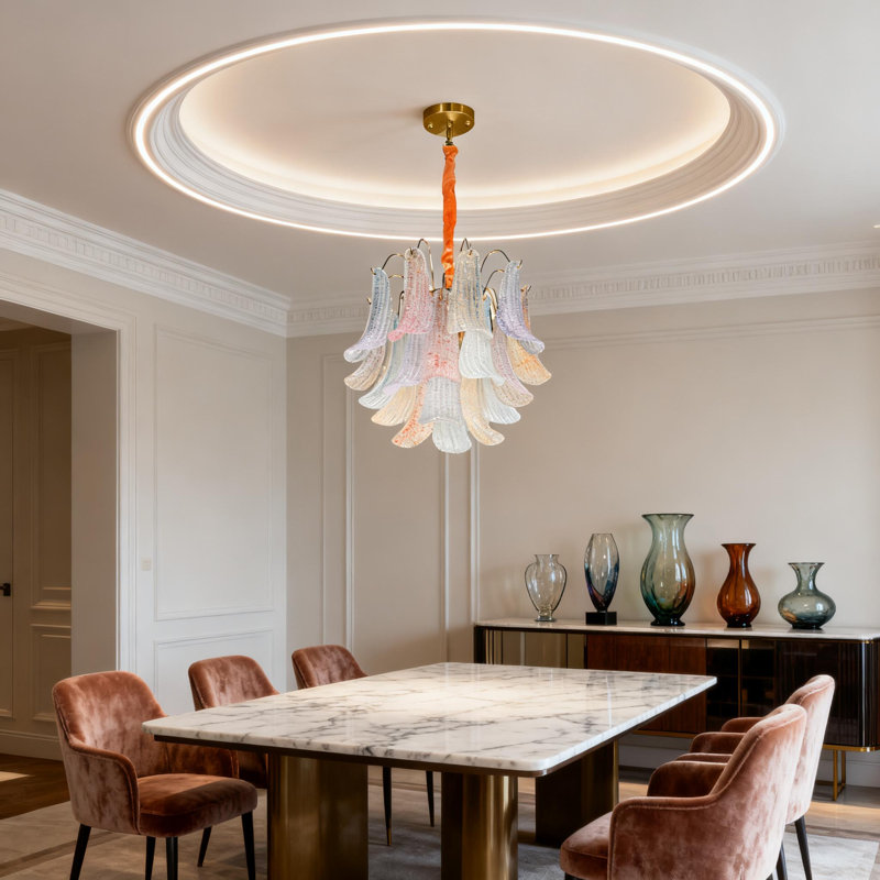 Lustre 5 lumières en verre coloré avec ampoules à intensité variable