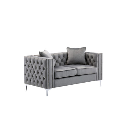 Gray Velvet Handmade , Legs, Foam Seat With Springs, 2 Pillows, 19" Height, 26" Depth, 46" Width, Vintage Appeal 63" Accents, Metal Comfortable Throw Pillows Included