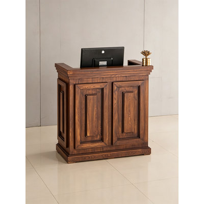 Comptoir de caisse en bois massif transitionnel rétro, table de réception robuste avec armoire fermée