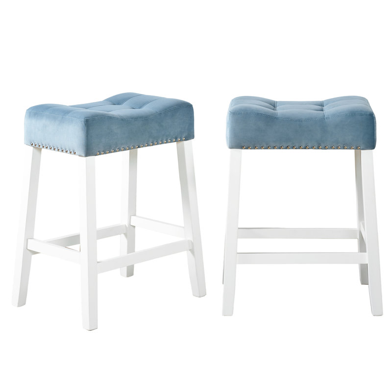 De 2 tabourets de hauteur de comptoir, velours bleu avec siège de selle, 2 pièces Enchantement blanc délavé, Bleu