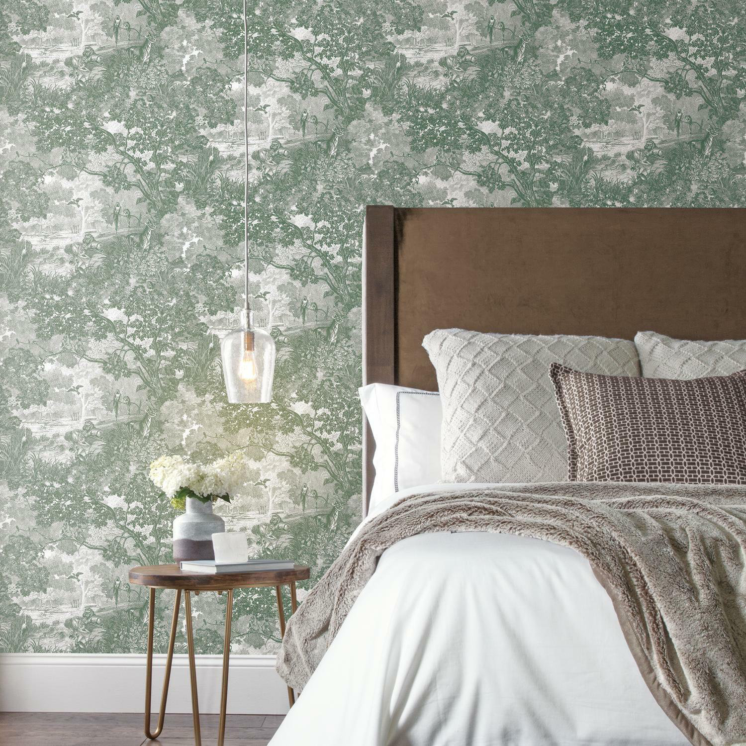 Modern Peel & Stick Toile Wallpaper, Green