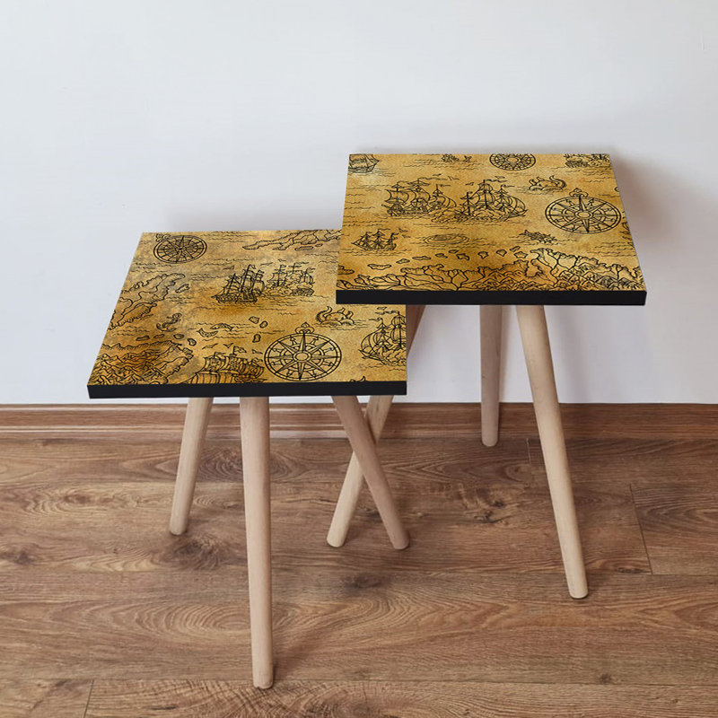 Ensemble de 2 tables gigognes élégantes, moutarde et noir, 13,8 po x 18,5 po x 13,8 po | 100% panneau de fibres à densité moyenne avec pieds en bois de hêtre, épaisseur: 0,7 pouce | Conception nostalgique, parfaite pour le salon et la décoration moderne