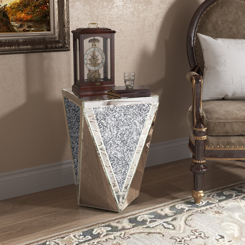 Brayan 19.7'' Tall Pedestal Mirrored Glass Top End Table with Crystal Inlay, High Gloss Side Table for Living Room, Bedroom, Nightstand