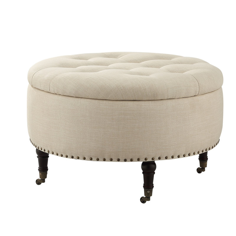 Rangement rond touffeté à roulettes Haytham, 100 % lin beige