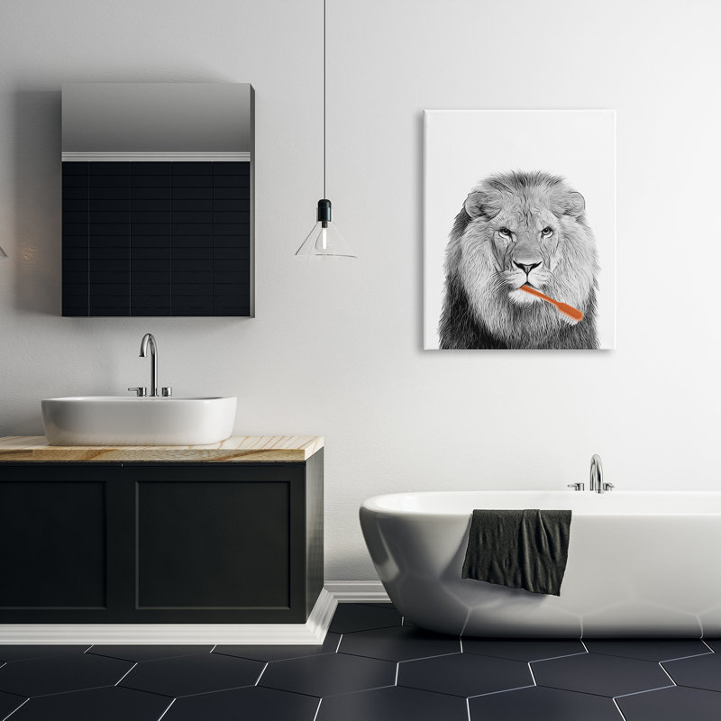 Lion, brossant les dents, salle de bain sur toile, impression, H 40 po x l 30 po x P 1,5 po