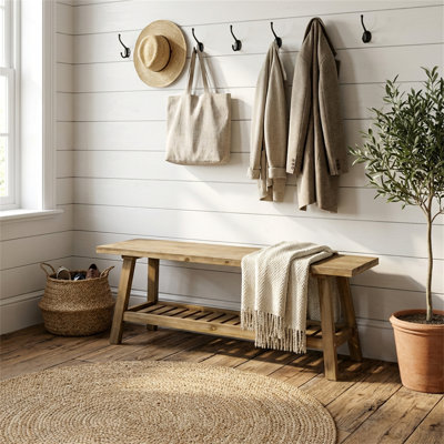 Banc, avec tablettes ouvertes, banc à chaussures à deux niveaux, style rustique, banc d'entrée en bois, finition bois vieilli