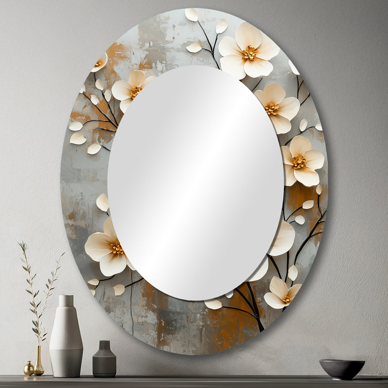 White Beige Botanical Impressions I - Large Oval Wall Mirror On Metal, 43" x 33"