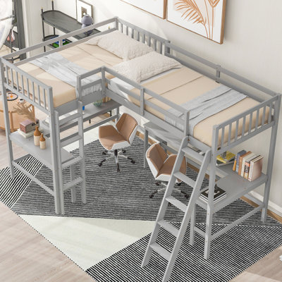 Lit mezzanine simple en bois en L avec 2 bureaux en bois, gris et stable