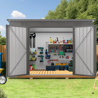 Abri de jardin en métal gris de 1,20 m x 2,70 m avec toit en pente et 6 aérations, deux portes battantes pour un accès facile, idéal pour ranger les outils et les équipements. Toit, 2 portes, aérations, pour une meilleure ventilation, pour plus de sécurité.