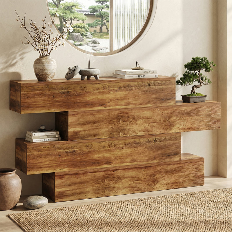 63-inches Long Farmhouse Console Table, Modern Wooden Sofa Table Behind Couch With 4-tier Storage, Unique Entryway Table For Hallway, Foyer, Living Room, Walnut Finish