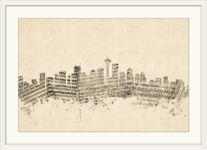 «Seattle Washington Skyline Partition Cityscape» par Francy, impression, H 24 po x l 32 po x P 1 po, Cadre blanc